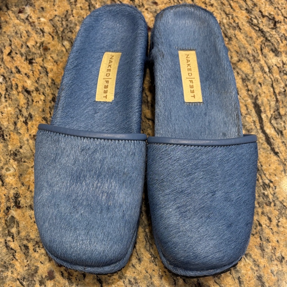 Naked Feet Blue Haircalf Slide Sandals Size 6 Made in Brazil Boho Minimalist
